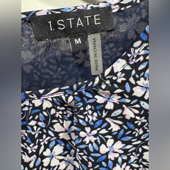 1.STATE Puff Sleeve Blue Floral Print Crew Neck Blouse Medium - Picture 4 of 6